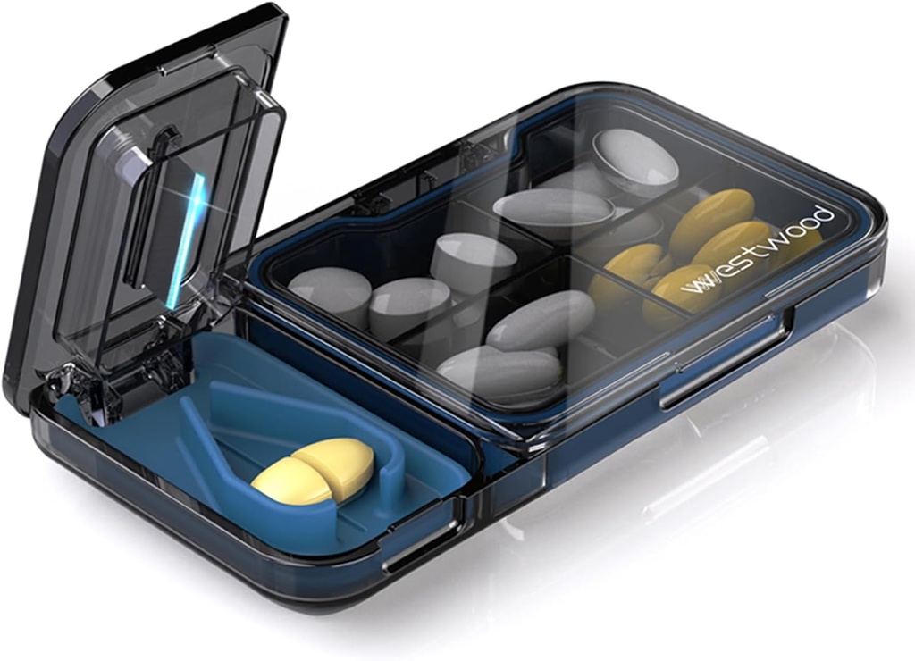 Reise Pille Arrangør med Pille Cutter Splitter, 4 Sammenligninger Pille Case, Lille Pille Box for Pocket Purse, Daglig Pille Container å holde vitaminer Cod Liver Oil Supplements, Medisin Planner (svart)