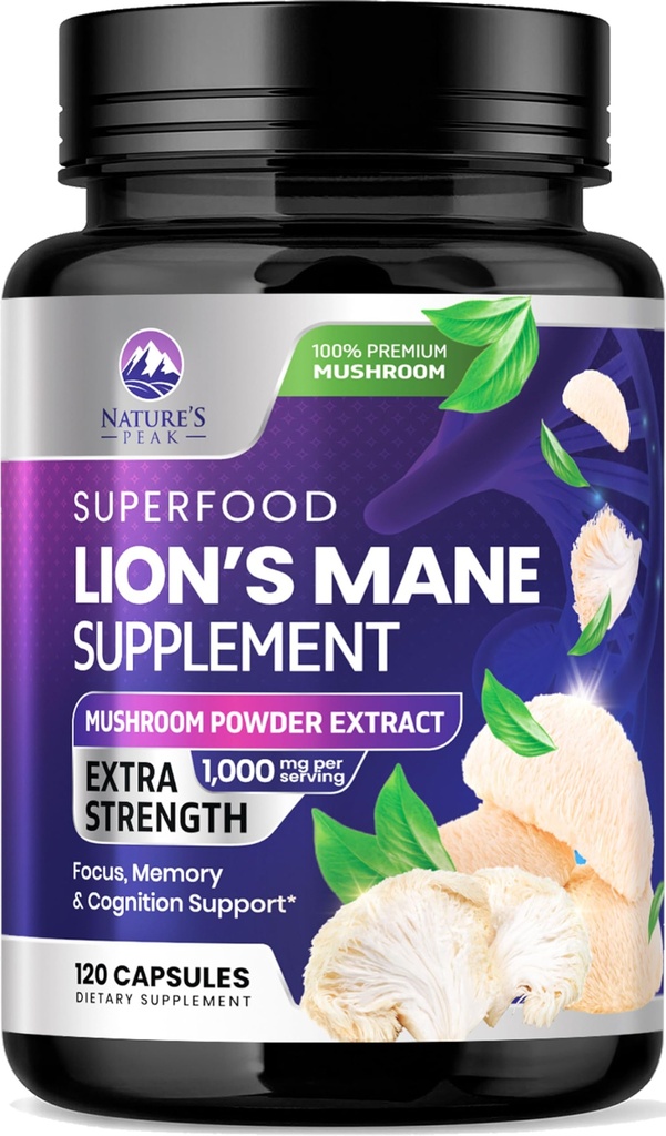 Lions Mane Mushroom Capsules 10 000 mg - Lions Mane Supplement Kapsler for minne og fokus støtte, hjerne, immun helse støtte, Vegan, Flasket i USA, Lions Mane Mushroom pulver ekstrakt, 120 greve