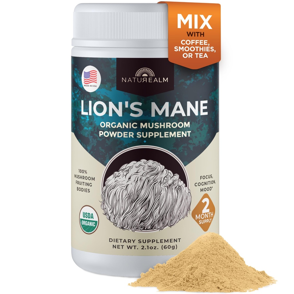 Naturalm Lion's Mane Mushroom Powder - Organisk hjernestøtte for fokus Minne mental klarhet - Ikke GMO Kognitiv funksjon - 60 Serveringer
