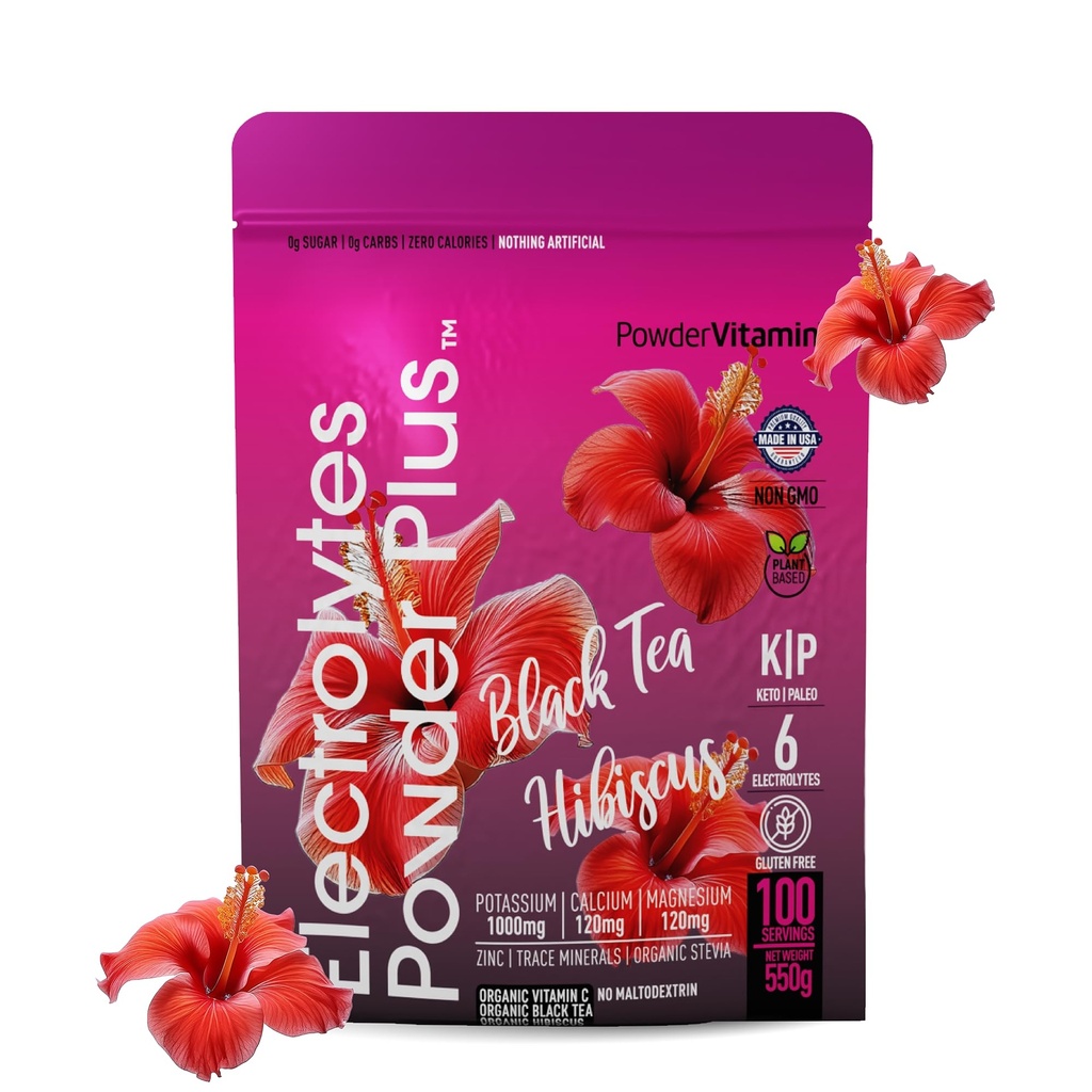 PowderVitamin Electrolytes Powder Plus (100 serveringer) Black Tea Hibiscus Electrolyte pulver keto, sukkerfri, rosa Himalayan salt, 1000 mg Kalium,120 mg kalsium,120 mg magnesium, Hydration pulver