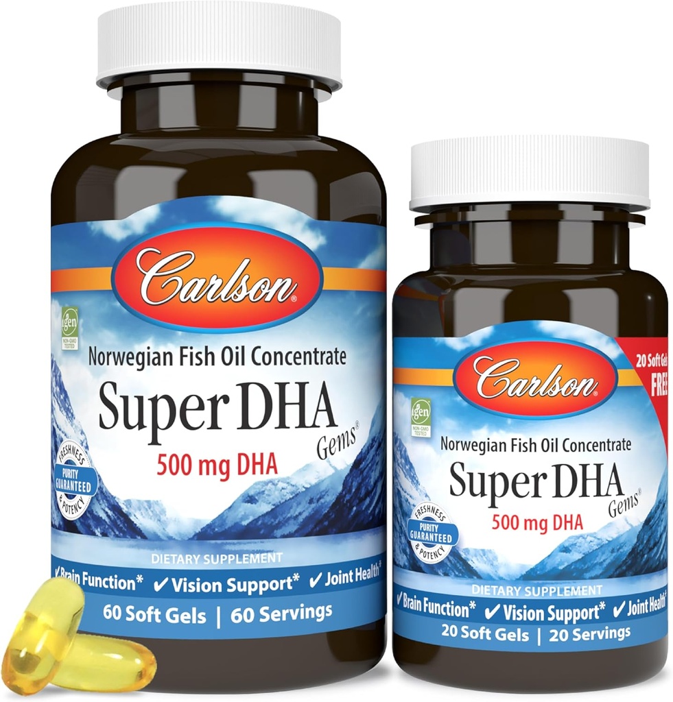 Carlson - Super DHA Gems, 500 mg DHA Supplements, 640 mg Fettsyrer, Wild-Caught Norsk Arctic Fish Oil Concentrate, Sustainly Sourced Nordic Fish Oil Capsules, 60 + 20 Softgels