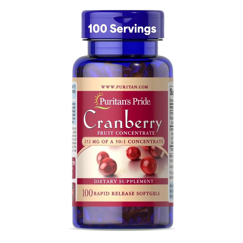 Puritans Pride Premium Cranberry Fruit Koncentrate 252mg (12.600mg Ekvivalent) med vitaminer C og E, kosttilskudd for immunsystemstøtte, 100 Rapid Release Softgels