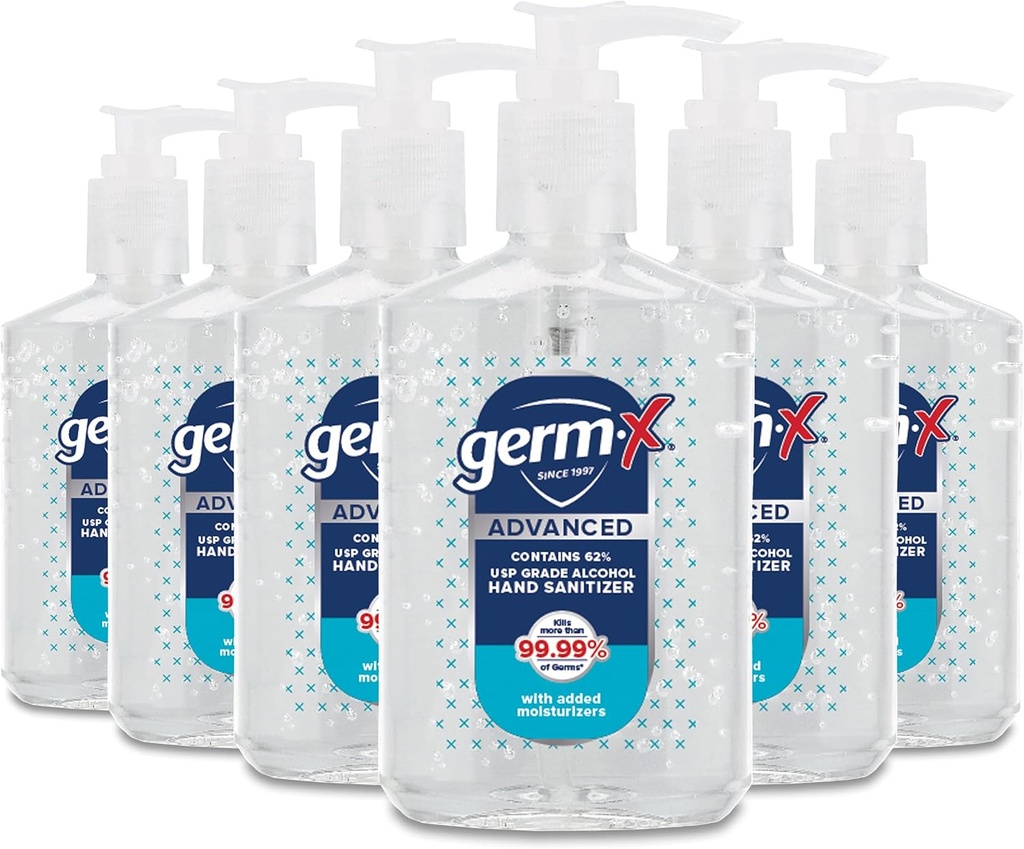 Germ-X Advanced hånd sanitizer, ikke-tørkende moisturizing Clear Gel, øyeblikkelig og ingen renser formel, Tilbake til skolens forsyninger College, pumpeflaske, 8 Fl Oz (Pack of 6)