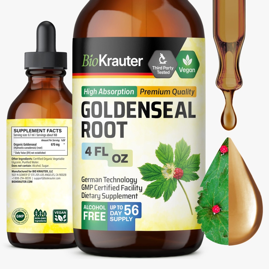 BIO KRAUTER Goldenseal Tinktur - Vegansk Lung Cleanse & Detox - Golden Seal Herb Supplement - alkohol og sukker gratis dråper - 4 Fl.Oz.