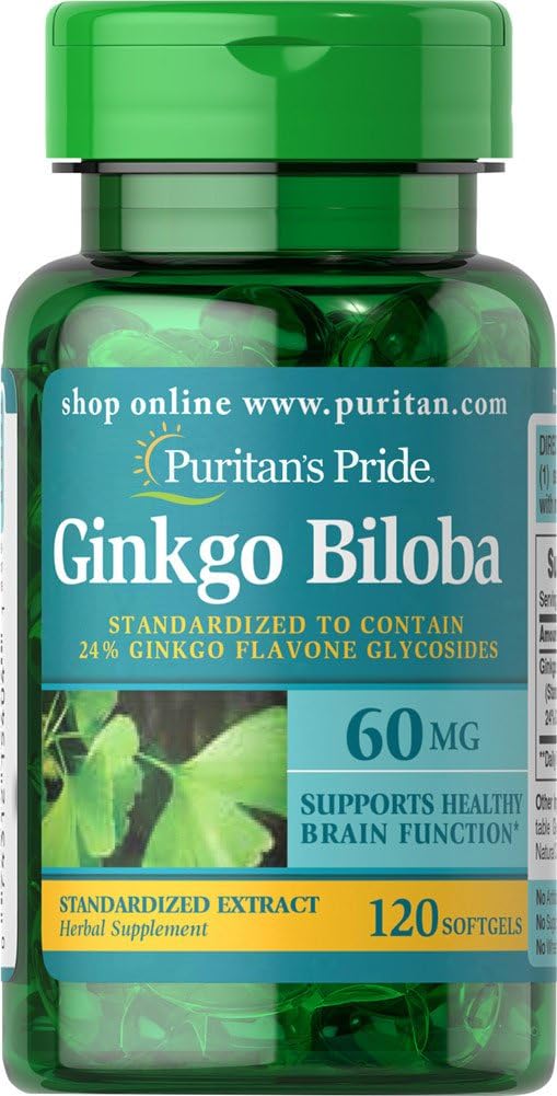 Puritan Pride Ginkgo Biloba Standardisert ekstrakt Nootropic 60 Mg Softgels, 120 greve