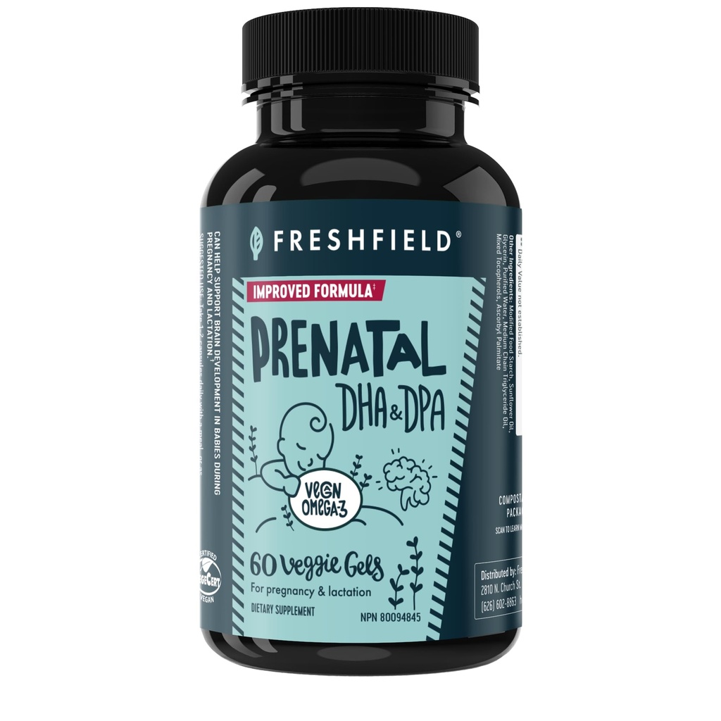 Freshfield Prenatal Vegan Omega 3 DHA: bærekraftig, Carrageenan gratis, tredjeparts testet, komponerbar flaske, karbonnøytral. Støtter hjerte, hjerne, felles helse m/DPA