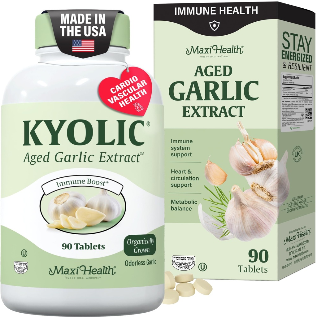 Maxi Helse Kyolic Organic Hvitløk Supplement - Kosher Hvitløk Tabletter med Kyolisk Aged Hvitløk Ekstrakt for immunstøtte - Vegetarisk hvitløk piller (90 greve)