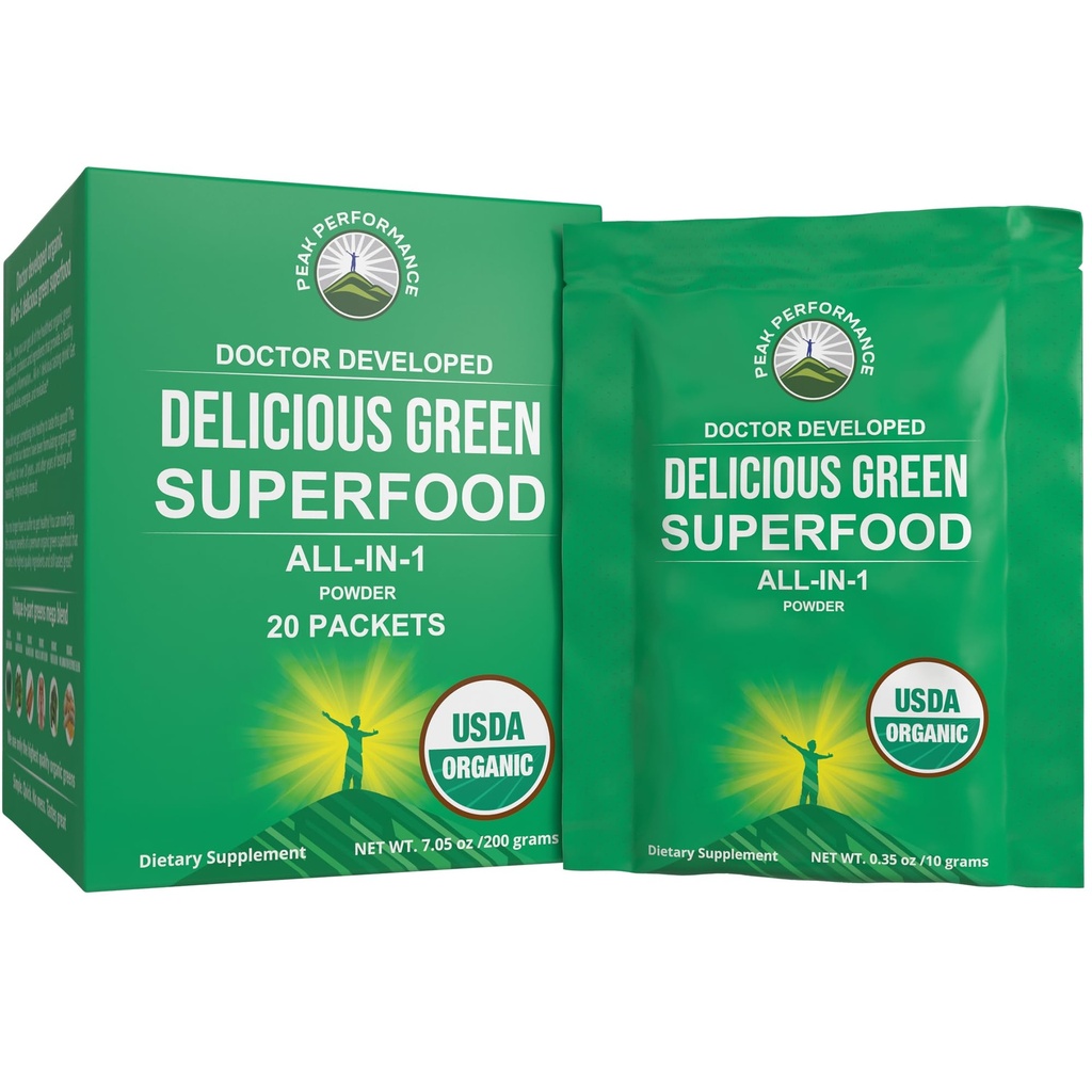 Peak Performance Organic Greens Superfood Powder Single Server reisepakker. Beste Økologisk Grønn Juice Super Mat med 25+ Alle naturlige ingredienser for Max Energi. (20 Pakke)