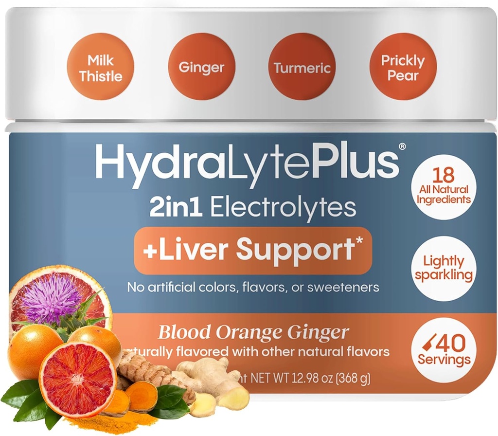 Hydralyte leverstøtte + Electrolyte Blande med Melk Thistle, Turmeric, Ginger, Prickly Pear, Grønn Te Ekstrakt Formulert for rask rehydrering, (Blod Orange Ginger, 40 Server Tub)