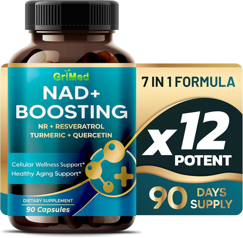 GriMed NAD + Økning 16 550mg- x12 Strøm med NR + Resveratrol Turmeric + Quercetin - Cellular Energi, Cellular Repair, Sunn aldring - USA laget og testet (90 greve av 1))