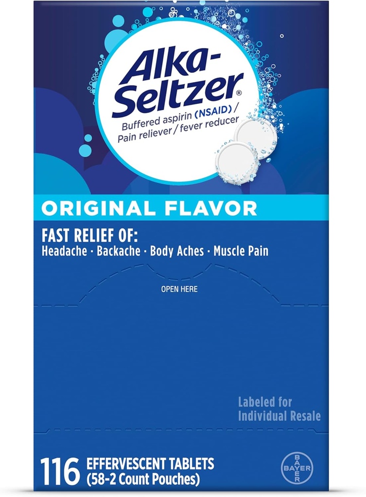 Alka-Seltzer Effervecent Tabletter Original Flavor, Fast Multi-Symptom Relief fra hodepine og Body Ache, Oppløselig Effervescent Fizzy Tabletter, Smerte Relief Dispenser Pack, 116 Ct