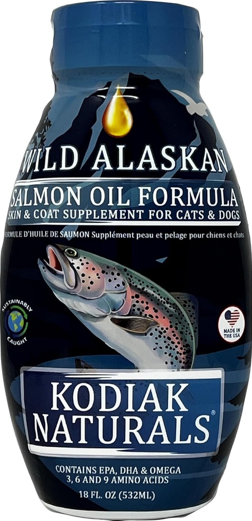 18oz Wild Alaskan Salmon Oil Formula for hunder og katter, en balansert blanding av rene fiskeoljer med EPA og DHA fra villfanget fisk. Støtte for hud og koke, joints og immun helse.