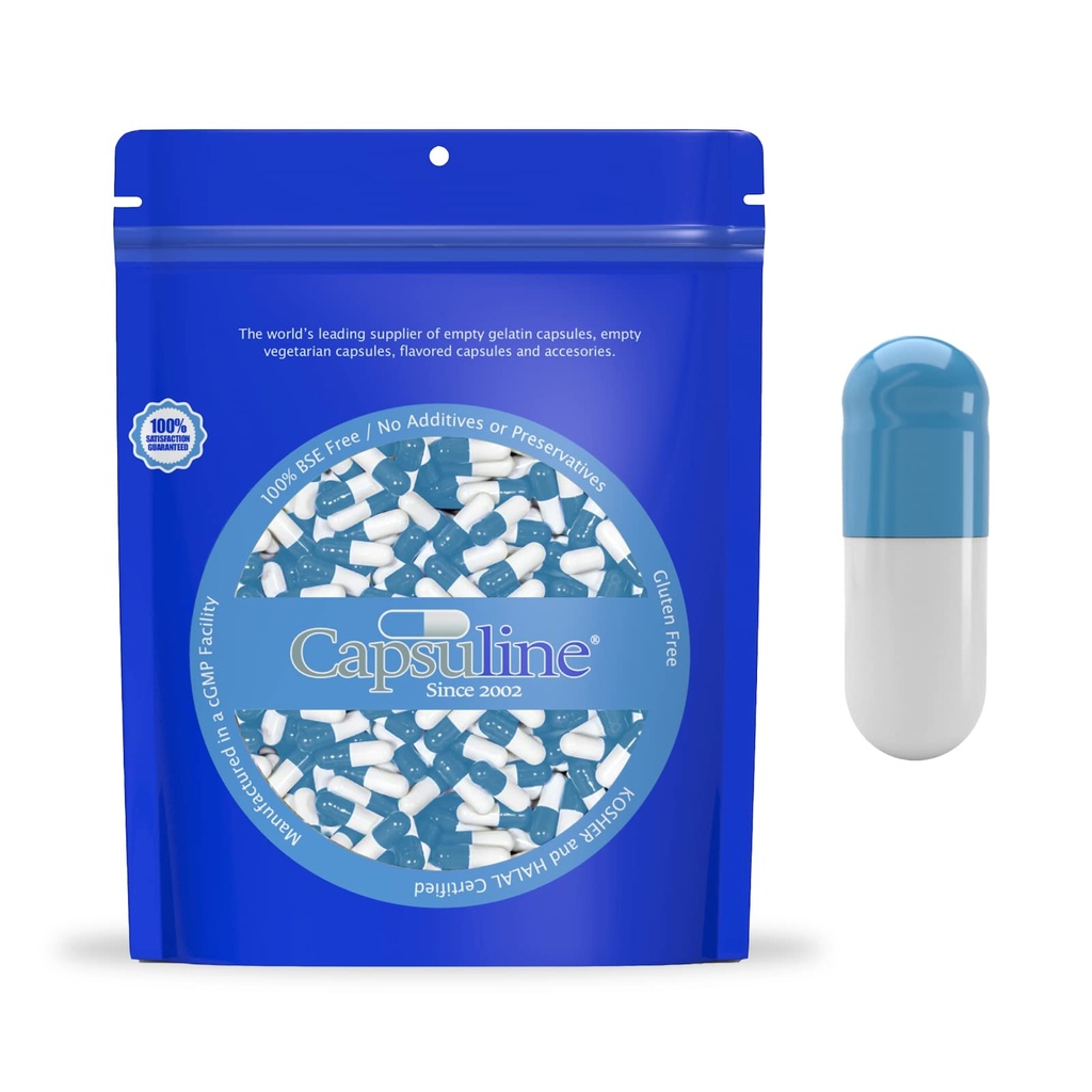 Capsuline Farget Størrelse 0 Tom Gelatin Kapsler Blå/Hvit 1000 Count |Kosher & Halal Certified | Glutenfri