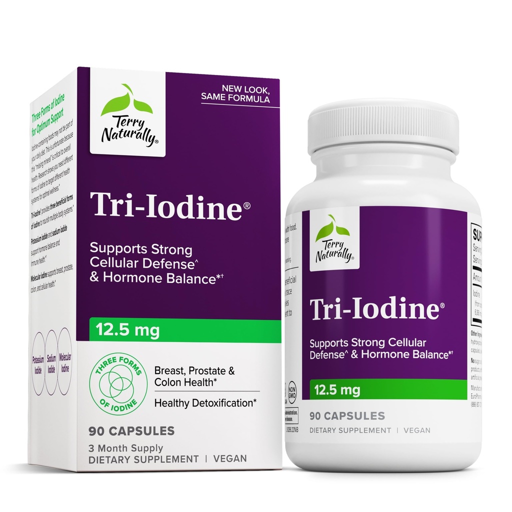 Terry Naturally Tri-Iodine - Støtte Thyroid helse - Hjelper hormonbalanse med molekylær jodin fra Kelp - Funksjoner Kalium jodid & natrium jodid - Brain & Energy Support - 12,5 mg, 90 Kapsler
