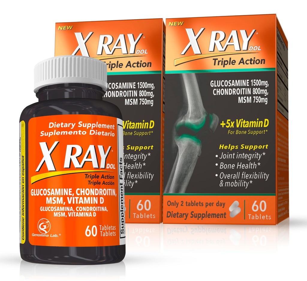 X Ray Dol Triple Action Joint Support Supplement med glucosamin 1500mg, Chondroitin 800mg, MSM 750mg og 5X vitamin D for sunne ledder, bein og Cartilage - 60 greve per flaske - 2 pakke