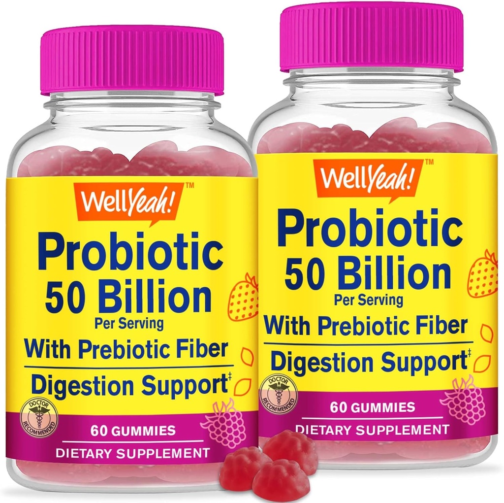 VelJa (2 Pack 50 milliarder probiotika + Prebiotika for menn og kvinner Gummies - Digestiv støtte, Gut Helse, Immun støtte Gummy - Probiotika for digestiv helse med 12 strimler - 60 Gummies
