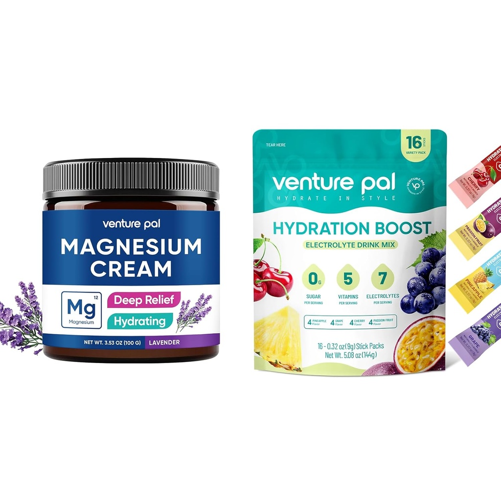 Venture Pal Moisturizing Magnesium Lotion & Sukker Gratis Elektrolytt pulver pakker(16 Sticks)