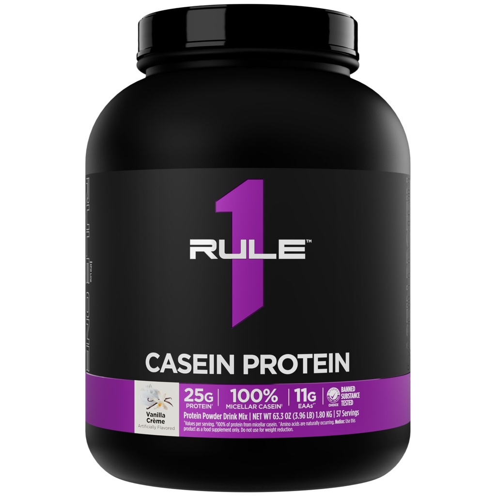 Rule 1 Casein Protein - 25g Protein og 11g EAAs Per Serving fra sakte-administrert Micellar Casein for overnatting gjenoppretting og uforutsigbar levering mellom måltider (4 pund*, Vanilla Crème)
