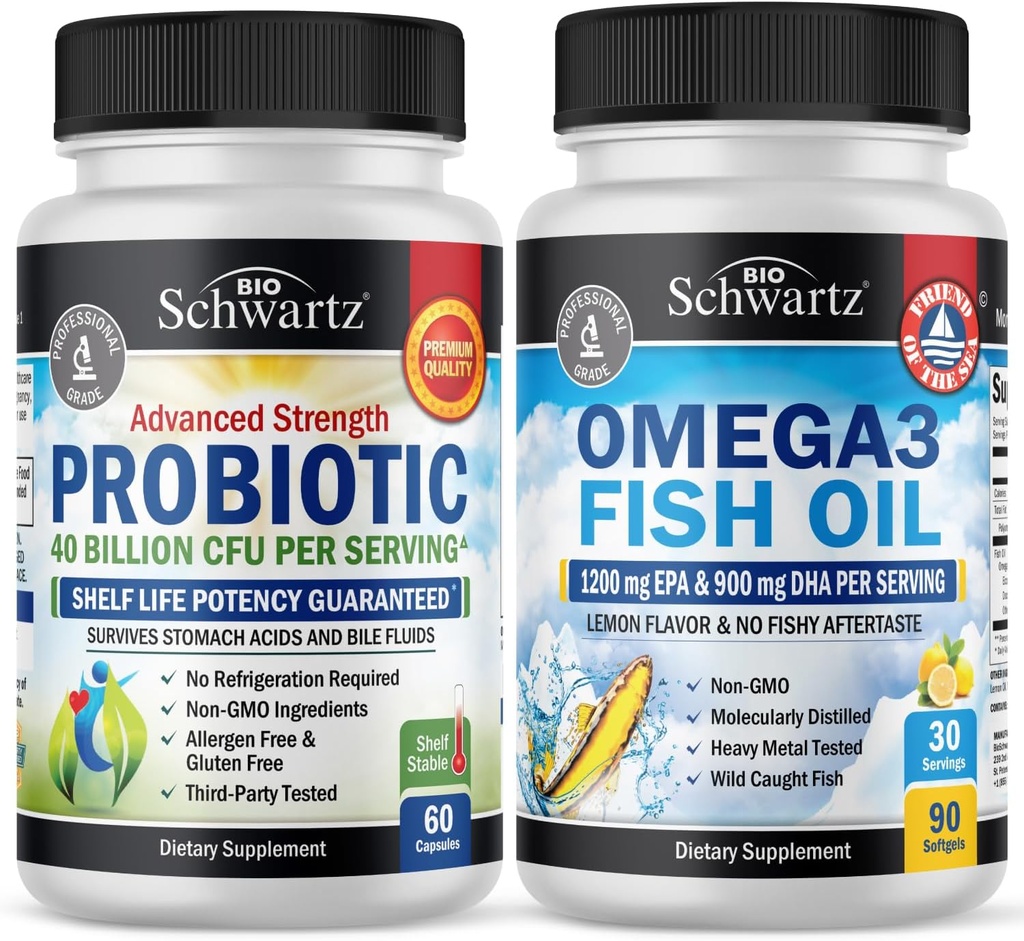Trippel styrke Omega 3 Fish Oil Softgels (1 måneds forsyning) Plus 40 milliarder CFU daglig probiotiske kosttilskudd (1 måneds forsyning)