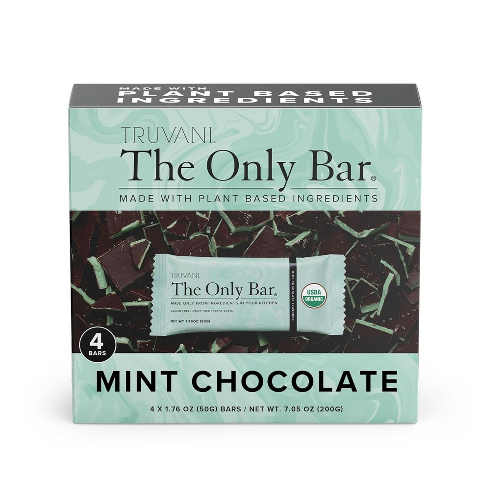 Truvani Plant Basert Snack Bars | Sjokolade Mint 4 Pack | 7g Protein | USDA Økologisk og vegansk | Den eneste Bar | Dairy, Soja, og Glutenfri | Individuelt omgitt