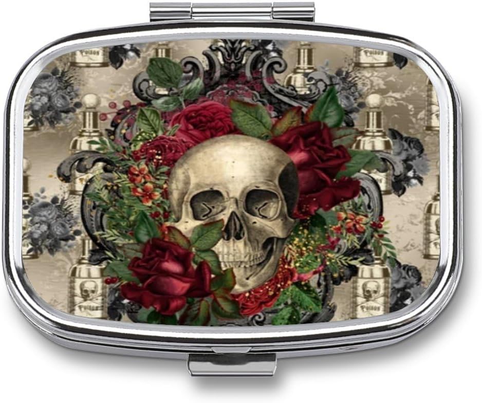 Metall 2 Sammenligning Pill Organizer Reisevennlig Bærbar Kompakt Pill Box Søt pille tilfelle å holde vitaminer, Fish Oil,Supplements,Meds, Tabell for Purse,Pocket. (Skull)