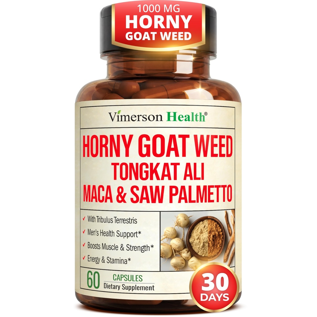 HornyGoatWeed for menn (1000mg per servering) – Mannlig Enhancering Supplement w / Maca Root, Tongkat Ali, Sag Palmetto, Panax Ginseng, Tribulus Terrestris & L-Arginine for energi, Drive & Styrke