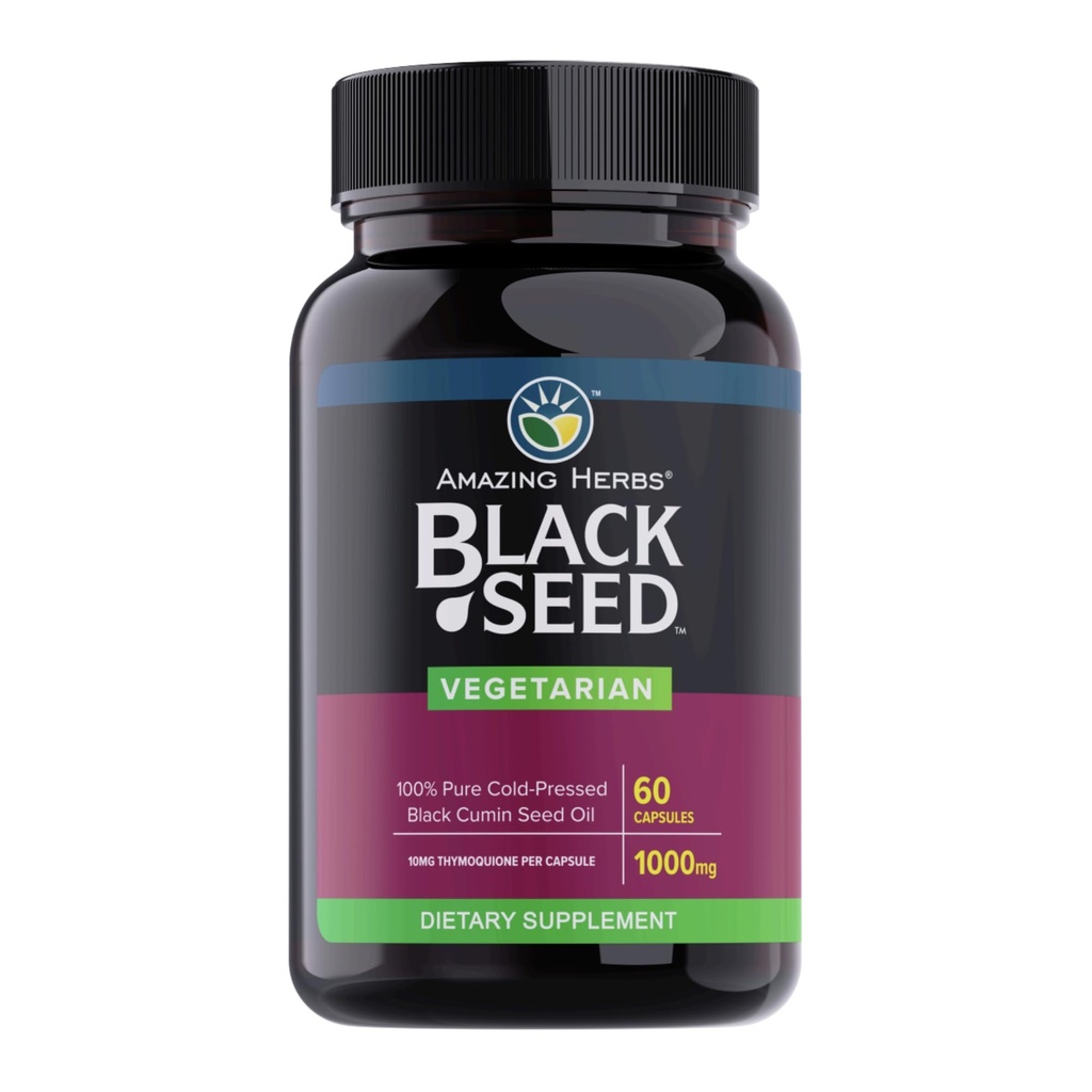 Amazing urter Svart Seed Olje Kapsler - Svart Seed Olje Piller, Svart Cumin Seed Olje Kapsler, Kald Pressed Nigella Sativa Supplement, Svartfrøolje, Ikke GMO, 100% ren - 60 Vegetariske Kapsler, 1000 mg