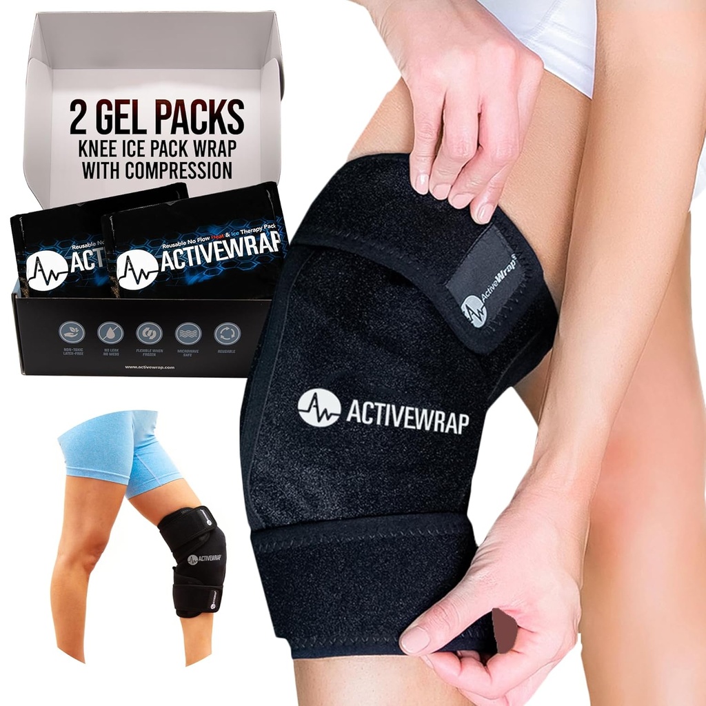 Active Wrap - Knee Ice Pack Wrap med komprimering, 2 Reusable Gel varme og kalde pakker for knesmerter, såre ben & shin splints. Fleksibel Cold Wrap for skade og hevekontroll og felles støtte - en størrelse passer mest