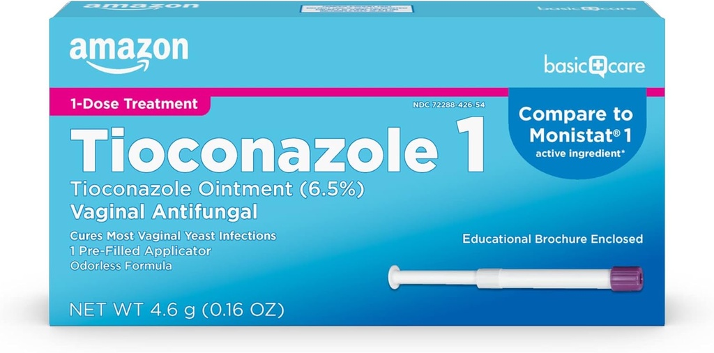 Basic Care Tioconazole Ointment 6,5%, 1-Dose behandling, Vaginal Yest Infeksjonsbehandling for kvinner, Feminin Care, 0,16 ounce (pakke med 1)