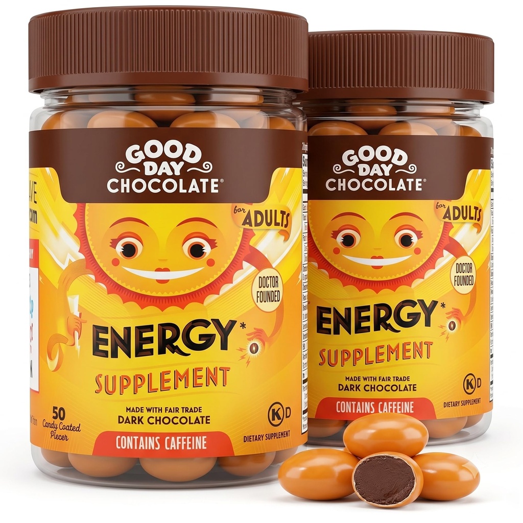 God dag sjokolade energi kosttilskudd for voksne [2 Pack] Fair Trade Koffein sjokolade med B-vitaminer, grønne teekstrakter og 20 mg koffein per stykke - Energiforsterkning for kvinner og menn