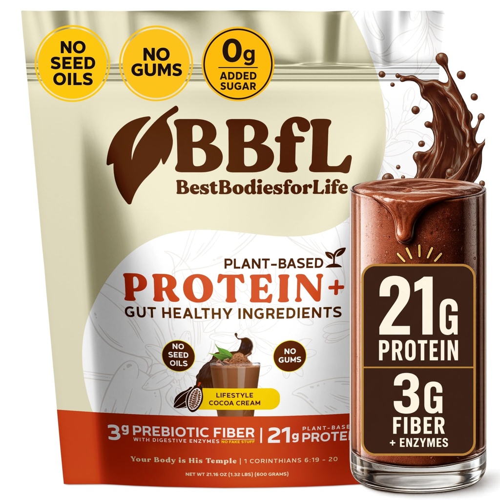 BBfL Plantebaserte proteinshake – 21g Veganprotein, Cocoa + Apple Cider Vinegar, Prebiotika, Digestive Enzymer, støtter Gut Helse – Alt-i-En Shake for kvinner og menn (15 Serveringer, Cocoa Cream)