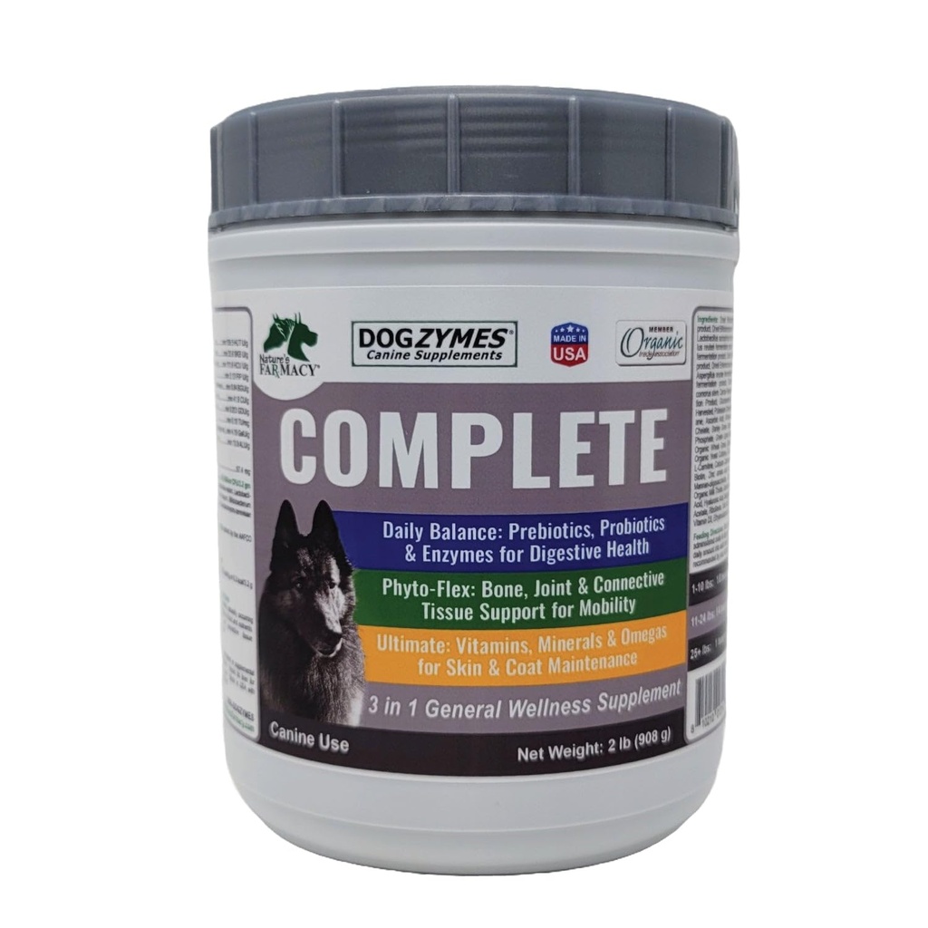 Dogzymes Complete - Probiotika, Prebiotika, Glukosamin, Chondroitin, MSM og Hyaluronsyre, Komplett hud og Coat Care (2 pund)