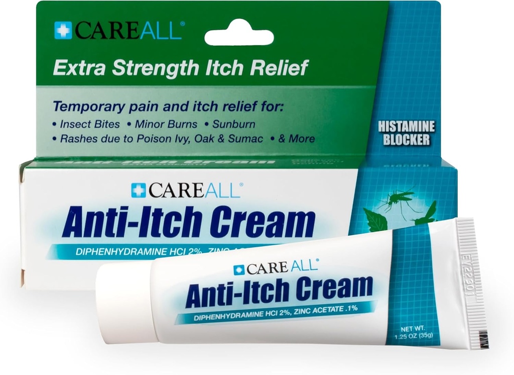 CareAll Anti-Itch Cream 1.25oz Histamine blokkering, Diphenhydramine HCI 2% en topisk analgesisk og sink acetat 0,1% en hudbeskyttende gi midlertidig smerte og kløe relief fra vanlige utendørs klør