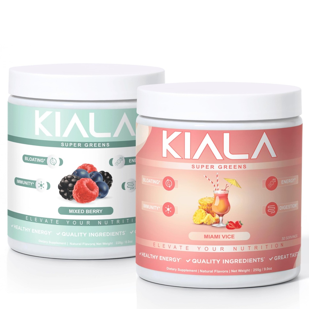 Kiala Ernæring Super Greens, Organisk Grønn pulver, Spirulina & Klorella Superfood pulver, Sukker & Glutenfri Vegan, Spectra Blande, Blandet Berry & Miami Vice, 2 Pack