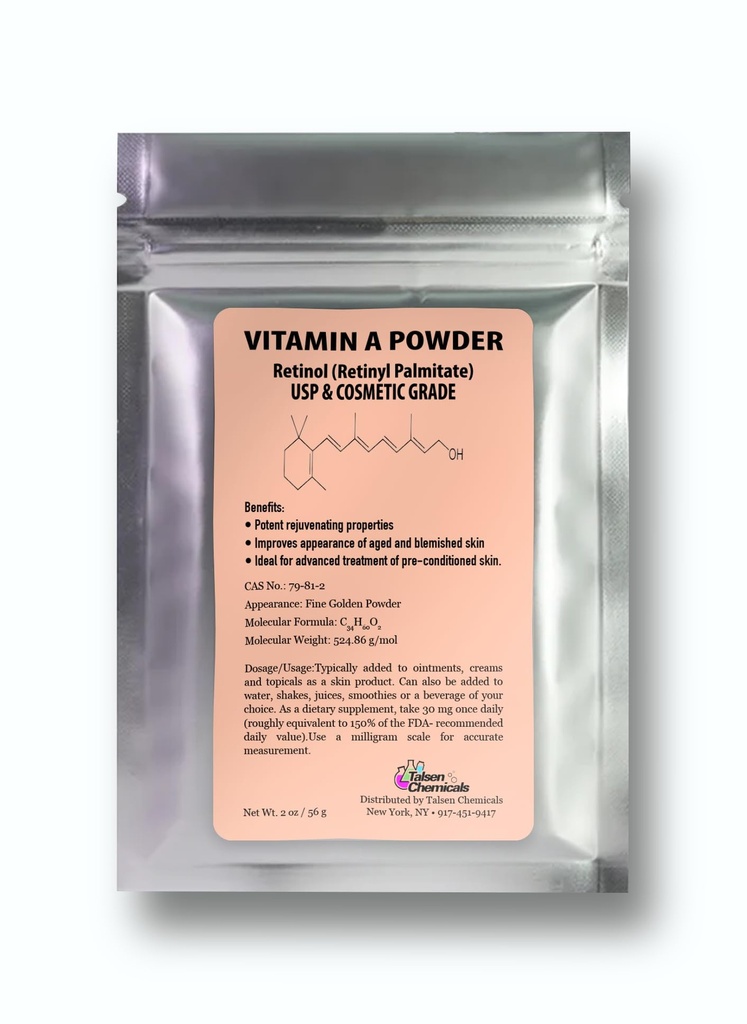 Vitamin A pulver Retinyl Palmitat, ren retinol pulverisert vitamin vannløselig vitamin A USP & kosmetisk grad (2 oz. / 56 gram)