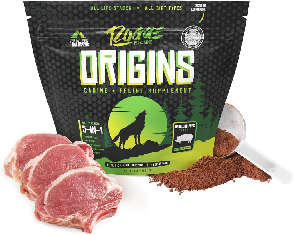 ROGUE PET SCIENCE Opprinnelser 5-i-1 hundetilskudd - pulverisert mat topper m/Naturlig heirloom pork protein - støtter sunn digestion, hud og coat - bidrar til å redusere kløe og ledd inflammasjon (2 lbs)