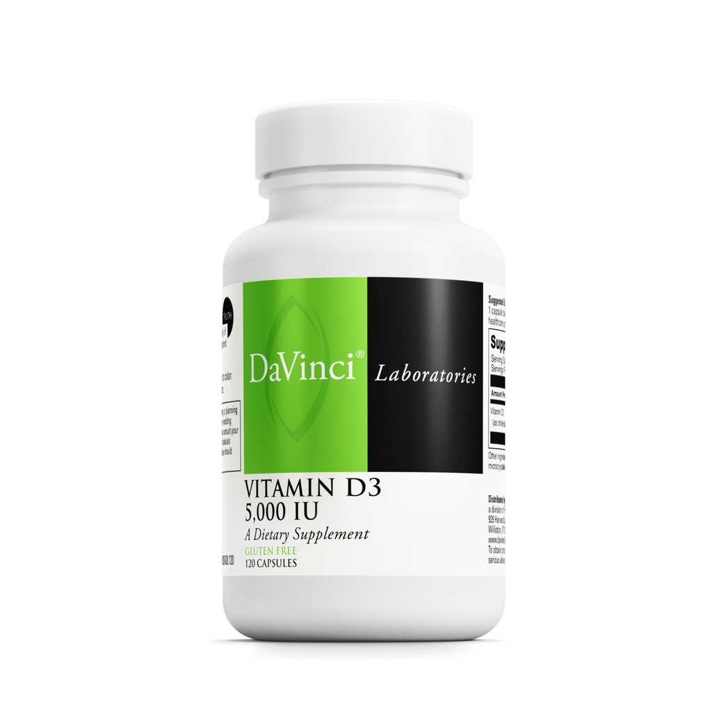 DAVINCI Labs vitamin D3 5000 IU - Kosttilskudd for å støtte sunne tenner og bein, kardiovaskulær funksjon og immun helse* - med 5000 IU per servering - Glutenfri - 120 kapsler