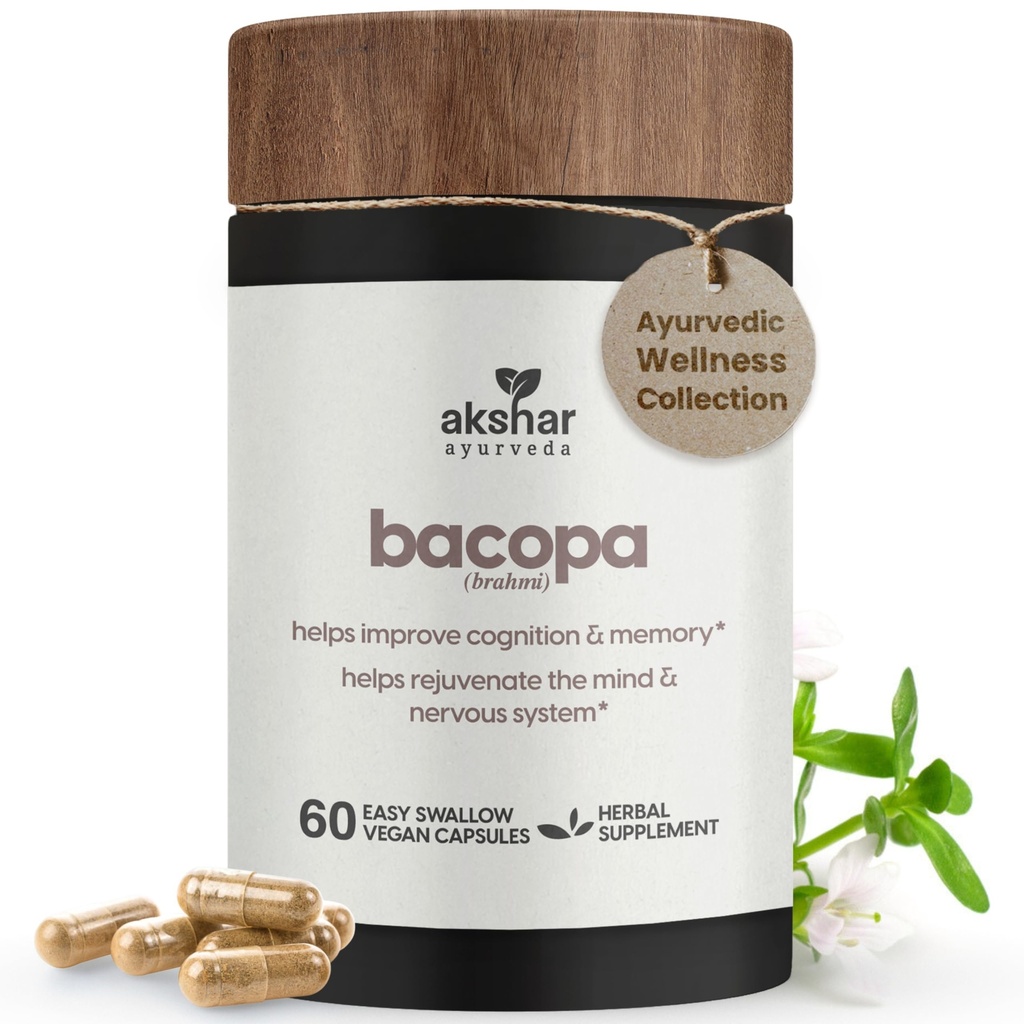 AKSHAR Ayurveda - Bacopa 500 mg Brahmi Supplement, Rejuvenate System, Bacopa piller til støtte kognitiv funksjon for voksne, Vegansk Cruelty Gratis Bacopa Monnieri (60 greve)