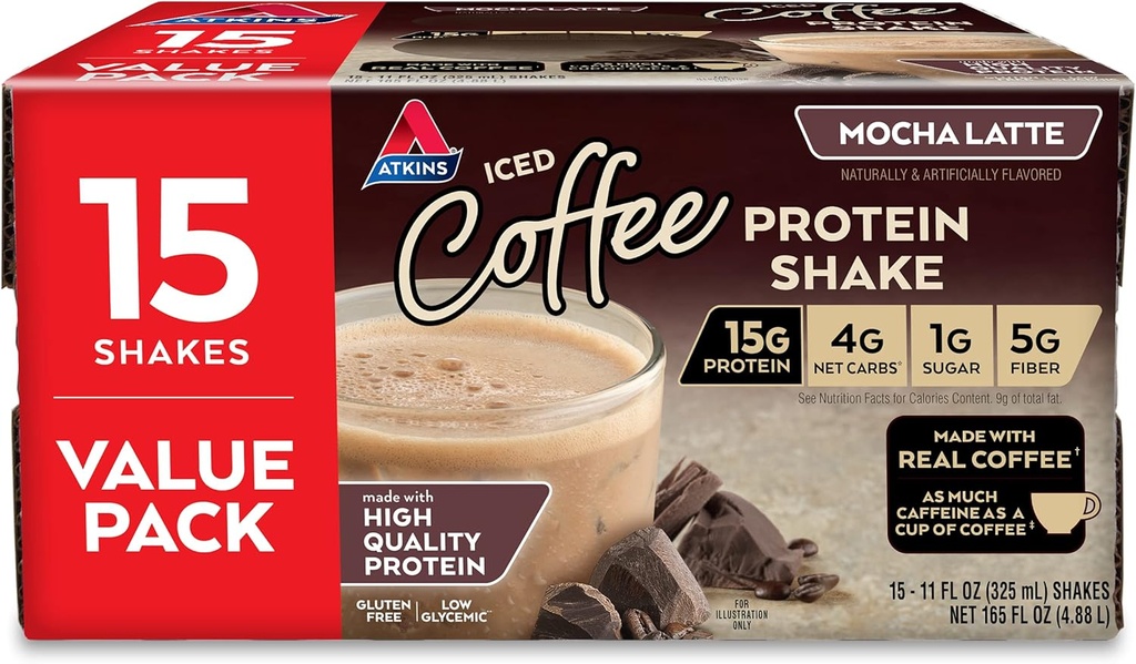 Atkins Glutenfri Protein-Rich Shake, Mocha Latte, Keto vennlig, 15 greve