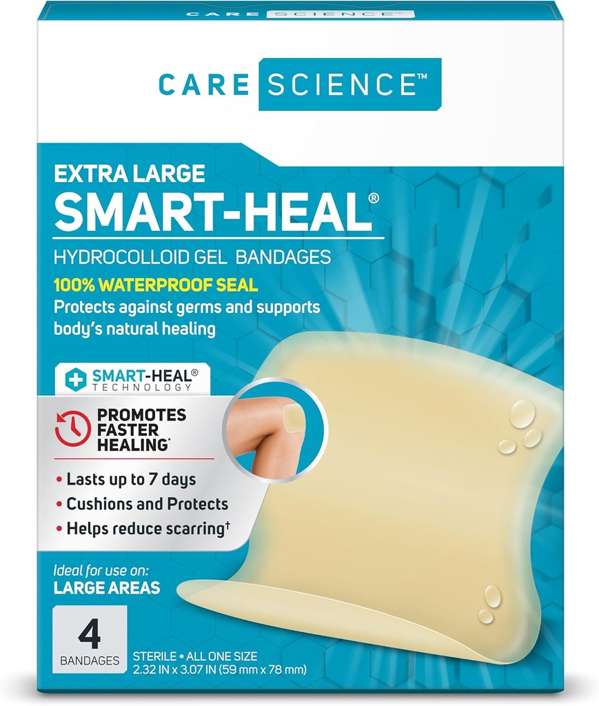 Care Science Smart Heal Hydrokolloid, Stor, 2,3 i x 3 i, 4CT | 100% Vanntett forsegling fremmer healing, reduserer skjerping