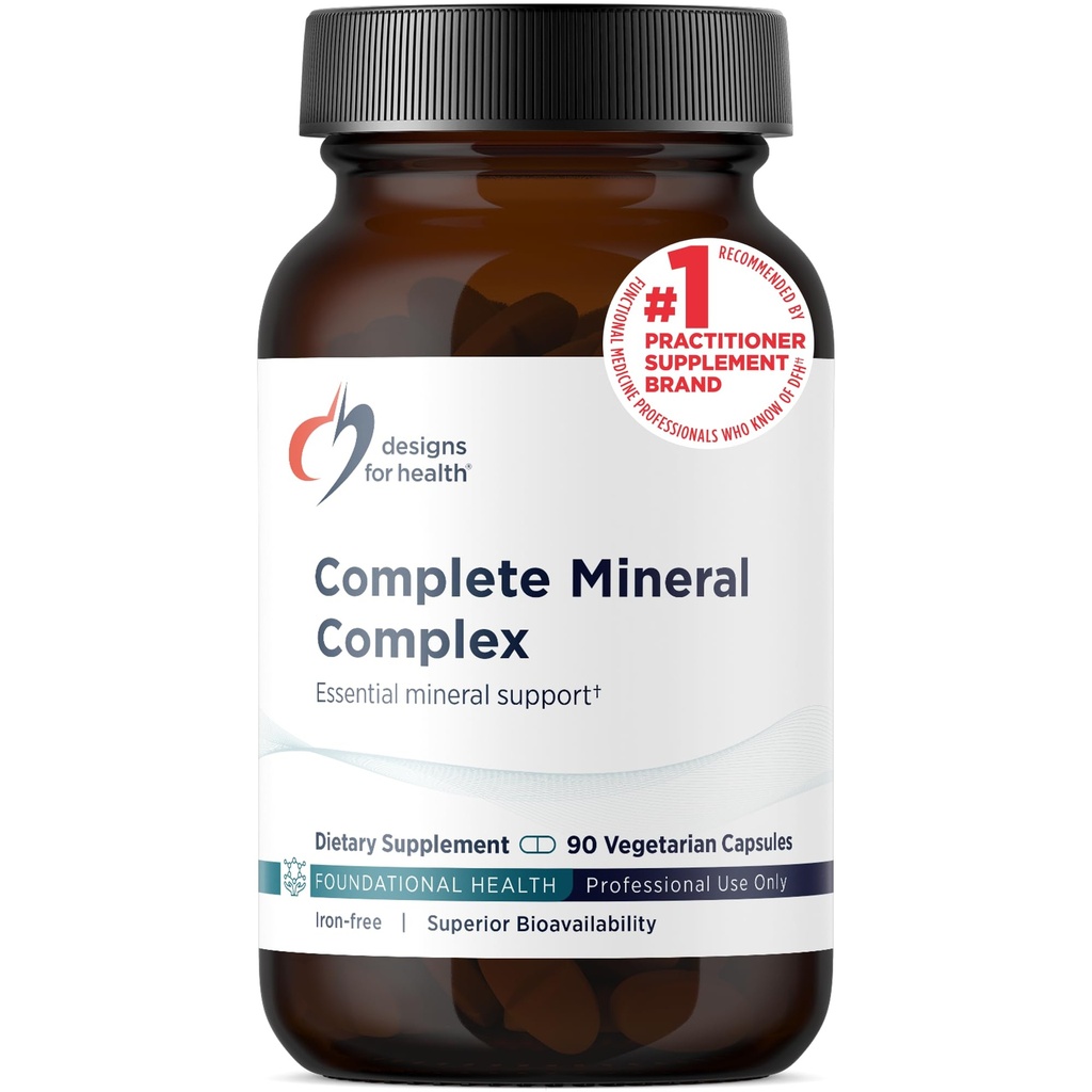 Designer for helse Complete Mineral Complex - Essential + Trace Minerals Supplement med magnesiummalat, kromium, sink + mer - jernfri multi Minerals blanding - Vegan + Glutenfri (90 kapsler)