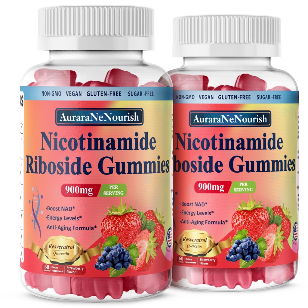 2 Pack NAD Resveratrol Supplement, sukker gratis 900mg Gummier med Quercetin, Kollagen, Vitamin støtte Anti Aging, Cell regenerasjon, Energiforbedring, Hudforbedring for kvinner