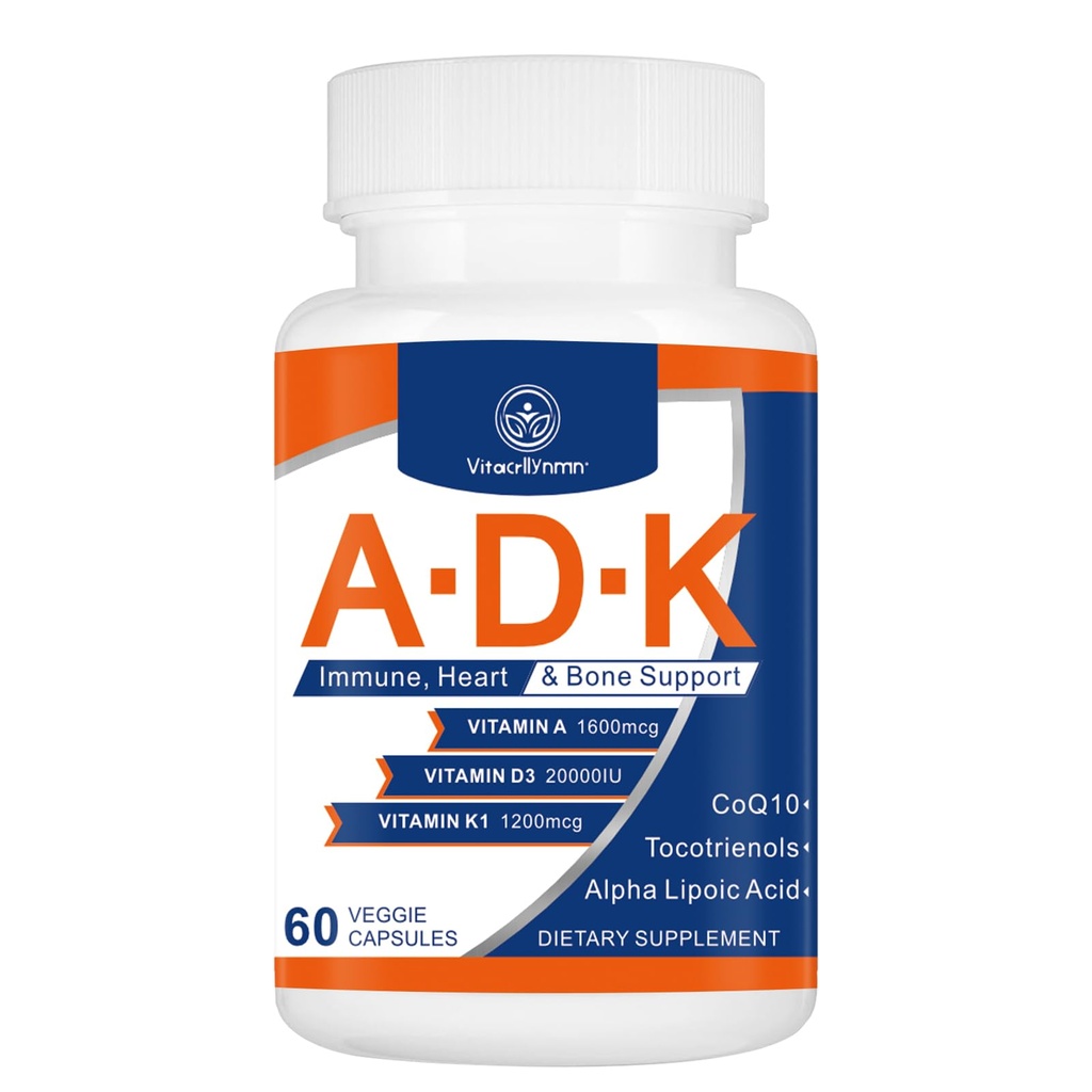 ADK vitamin Supplement 20000 IE - høy potens vitaminer A, D3 og K1 for hjerte, bein helse og immun støtte vitamin ADK 60 kapsler
