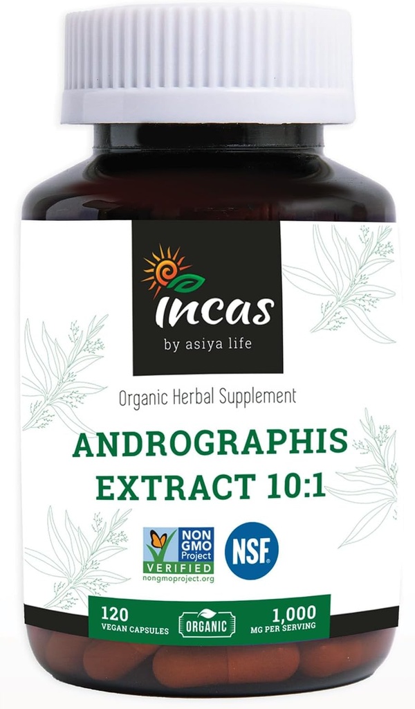 Incas Andrographis Capsules Max Andrographides - 1000 mg Serveringsstørrelse (120 kapsler) - klinisk studert for immunsystem Helse og ikke GMO Verifisert av NSF