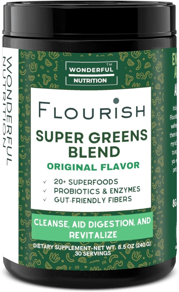 Florish Super Greens. Grønne pulverblanding for energi, med Chlorella Organic Spirulina, Beet Root Powder, Enzymer & Probiotika, Original, 30 Serveringer