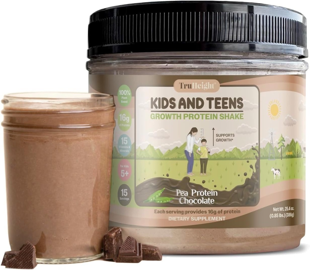 Truweight Growth Protein Shake (Chokolate Milk Flavor, Plant) Naturlig vekst og utvikling Protein pulver for barn og tenåringer - vekt gevinst drikker, akseptert av pediatrikere, Picky Eater Vitamin, alder 5+