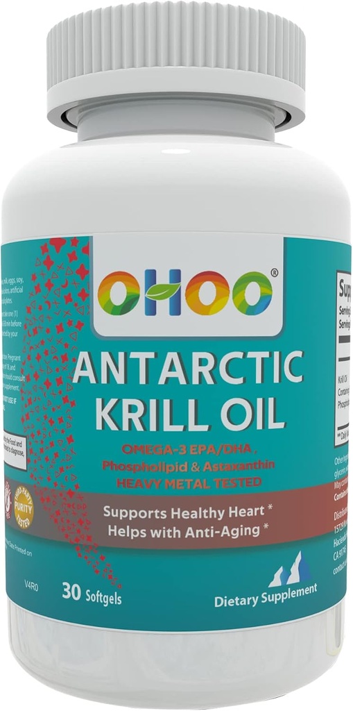 OHOO Antarctic Krill Oil 500mg Omega-3 EPA & DHA Supplement, Phopholipider, Antioksidant Astaxanthin, støtter sunn hjerte og anti-aldring Supplement med ingen fiskende ettersmak, 30 Softgels