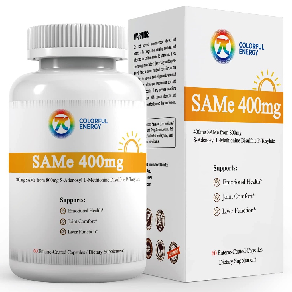 7c Sam e 400mg Supplement (S-adenosylmetionin), vitamin B6, B12 lagt til for å forbedre Sam-e-effektivitet, Mood og felles komfort, Vegansk, ikke-GMO, Glutenfri, 60 Enteriske belagte kapsler