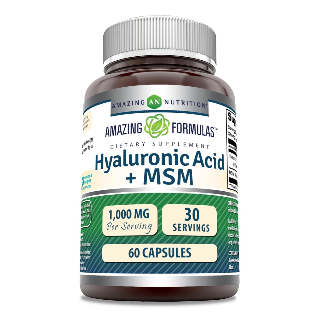 Amazing Formler Hyaluronsyre & MSM Supplement | 1000 Mg Per Serving | Kapsler | Ikke-GMO | Glutenfri | laget i USA (1 Pack, 60 Count)