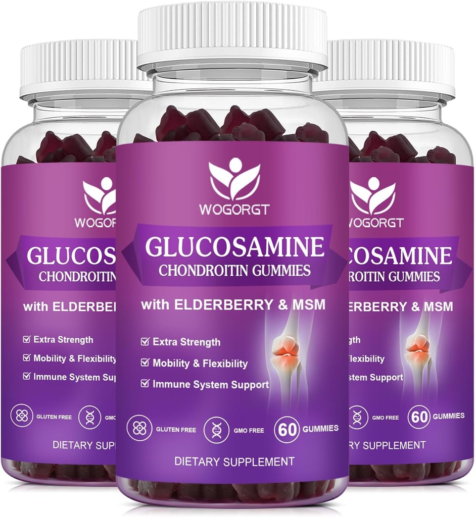 Glukosamin Chondroitin Gummies med MSM & Elderberry - 1500mg Glukosamin Chondroitin Gummies Supplement for fleksibilitet og immun støtte for menn og kvinner, 60 Gummies (3 Pack)